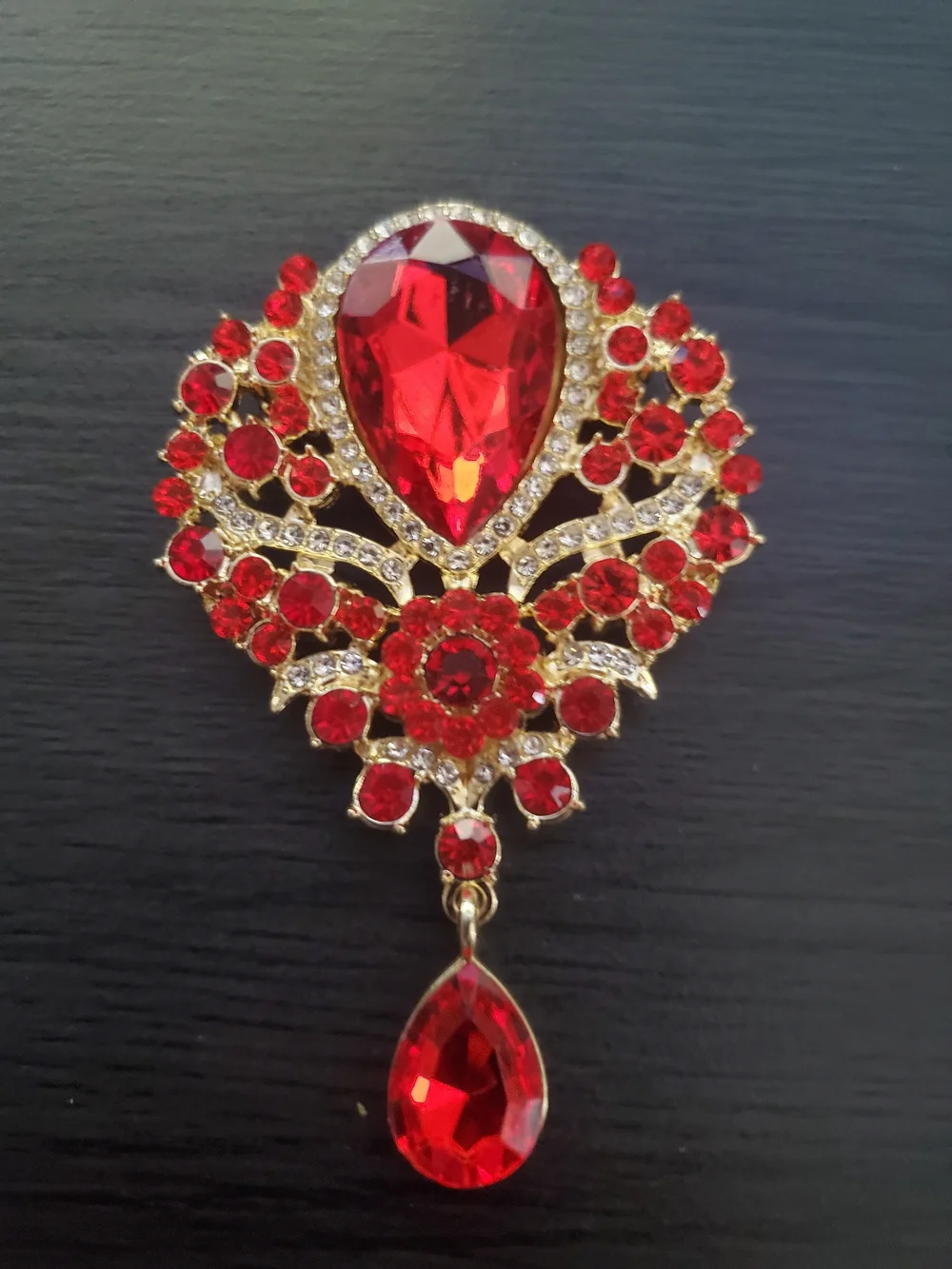Gold-Tone Red Crystal Teardrop Floral Brooch